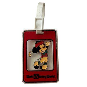 Walt Disney World Mickey Mouse Golf Bag Luggage Tag Hard Plastic Vintage Red Wht